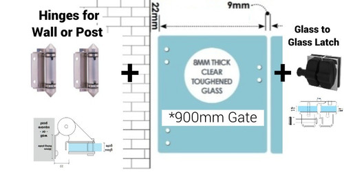 Frameless Glass Gate Kit to suit fitment to wall or post. Frameless Glass Gate Kit to suit fitment to wall or post.