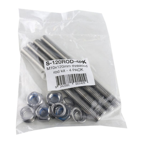 4 pack of 'Stainless Steel' Threaded Rod. 120mm x 10mm with nut and washers. Use to fix stainless steel glass spigot into concrete. 4 pack of 'Stainless Steel' Threaded Rod. 120mm x 10mm with nut and washers. Use to fix stainless steel glass spigot into concrete.