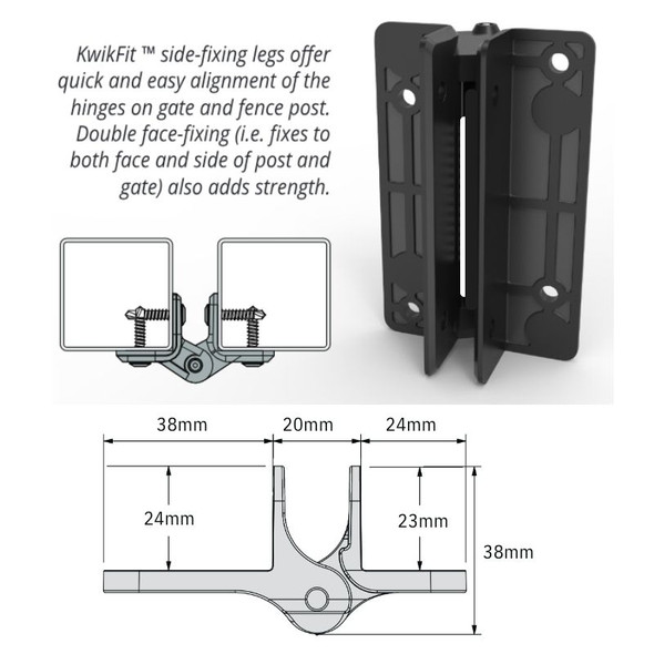 Kwik-Fit Hinge Sizing & Details: The hinge features additional alignment and securing legs, ensuring fast, secure installation.