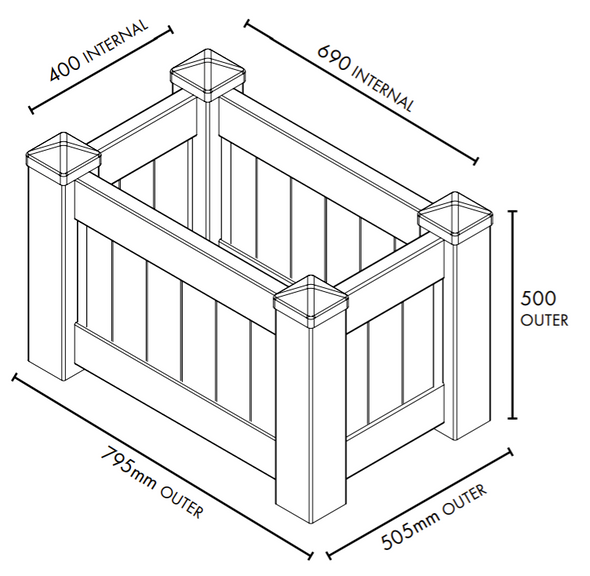 Diagram of Large White PVC Planter Box - 795mm long x 505mm wide - 500mm high - Info