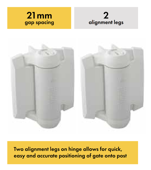 Premium D&D White Adjustable Pool Gate Hinges with Extra Strengthening and Alignment legs.