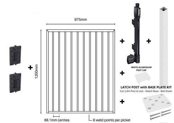 POOL GATE EASY-BUY BUNDLE - Premium Pearl White Pool Gate PLUS Standard Black Pool Safe Hinges & Latch PLUS Bolt-Down Latch Post - 975mm wide x 1.2m high - Aluminium Flat Top Design.