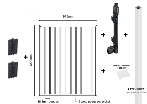 POOL GATE EASY-BUY BUNDLE - Premium Pearl White Pool Gate PLUS Standard BLACK Pool Safe Hinges & Latch PLUS In-Ground Latch Post - 975mm wide x 1.2m high - Aluminium Flat Top Design.