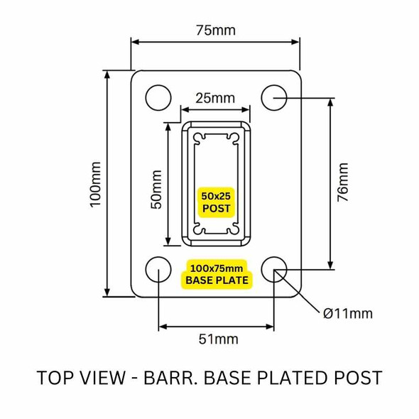 Top-view of BARR Satin Black 50x25mm Slimline Post with 100x75mm Welded Base Plate details and specifications.