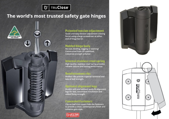 TRU-CLOSE Adjustable Pool Safe Gate Hinges are included with all Fence Guru Aluminium Pool Safe Pool Gate Kits