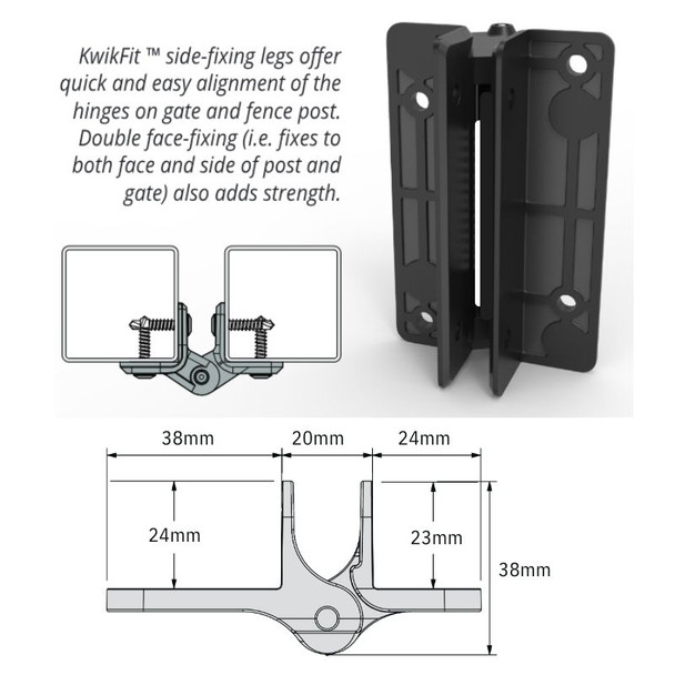 Kwik-Fit Hinge Sizing & Details: The hinge features additional alignment and securing legs, ensuring fast, secure installation.