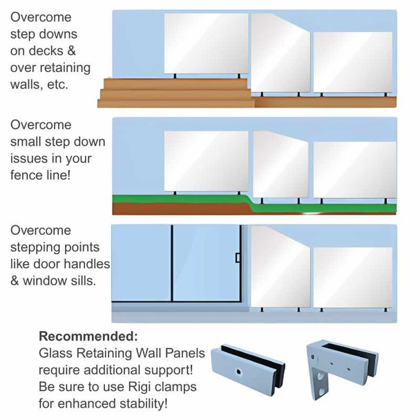 Use our Frameless Glass Raked/Sloping Retaining Wall Pool Fence Panel to overcome many glass pool fence compliance issues relating to step downs in you fence and stepping points near your fence.