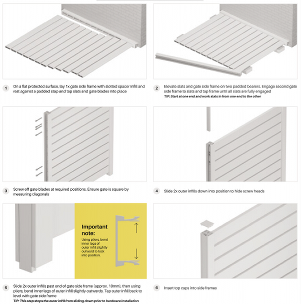 Assembly instruction diagram for 970mm to 1170mm Wide Slat Gate Frame Kit - Timber-Look.