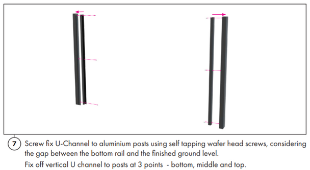 U Channels for installing Premium Aluminium Perforated Pool Fence Panels are affixed to the Fence Posts at 3 points.
