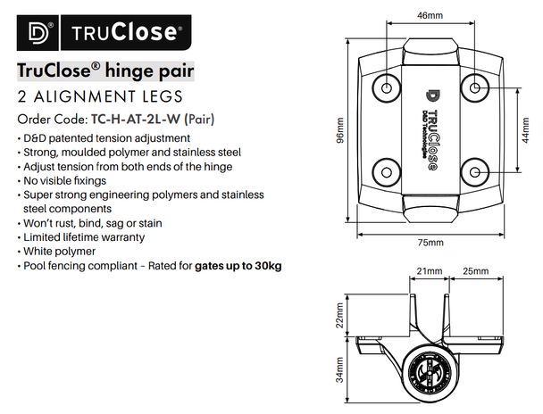 Specifications on Premium D&D White Adjustable Pool Gate Hinges with Extra Strengthening and Alignment legs.