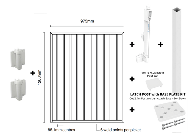 POOL GATE EASY-BUY BUNDLE - Premium Pearl White Pool Gate PLUS Premium White Pool Safe Hinges & Latch PLUS Latch Post with Base Plate - 975mm wide x 1.2m high - Aluminium Flat Top Design.