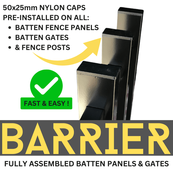 Our 1800mm High BLACK Aluminium Vertical Batten Fence Panels (Pool Compliant) come with 16 x Pre-Installed Batten Caps and are Fully Welded/ Fully Assembled ready for easy DIY installation.