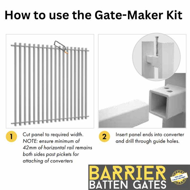Step 1 and 2 How to install 1.8m High BARR Gate-Makers - Gate Converters/Gate Styles to Transform a BARR Batten Fence Panel into a Custom-Width Gate - Pearl White