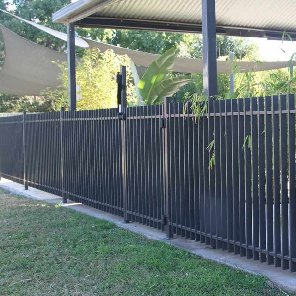 Monument 50x10 Slat-Blade Pool Fence Panels and gate in a nice fence line. Stocked in Brisbane, Toowoomba, Sunshine Coast, Gold Coast, Newcastle, Central Coast, Sydney and Melbourne.