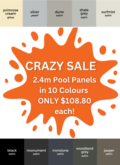 CRAZY SALE - ALUMINIUM POOL SAFE FENCE PANELS IN 10 COLOURS ONLY $108.40 (2.4m x 1.2m) (EXCLUDES PEARL WHITE)