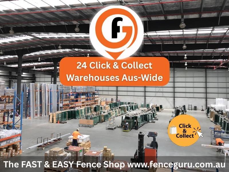 Interior of a fully stocked Fence Guru fencing warehouse, one of 24 click and collect supply warehouses Australia-wide