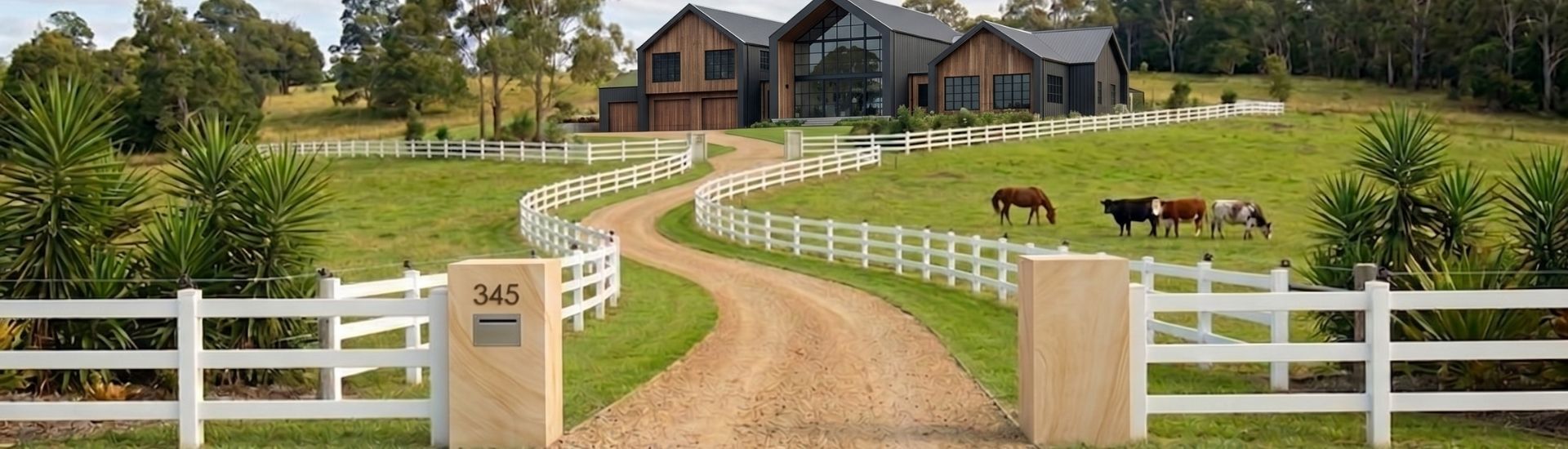 Clean, straight Hamptons white PVC post and rail fencing panels installed as a premium boundary on a rural property entryway with electric hot tape or braid.