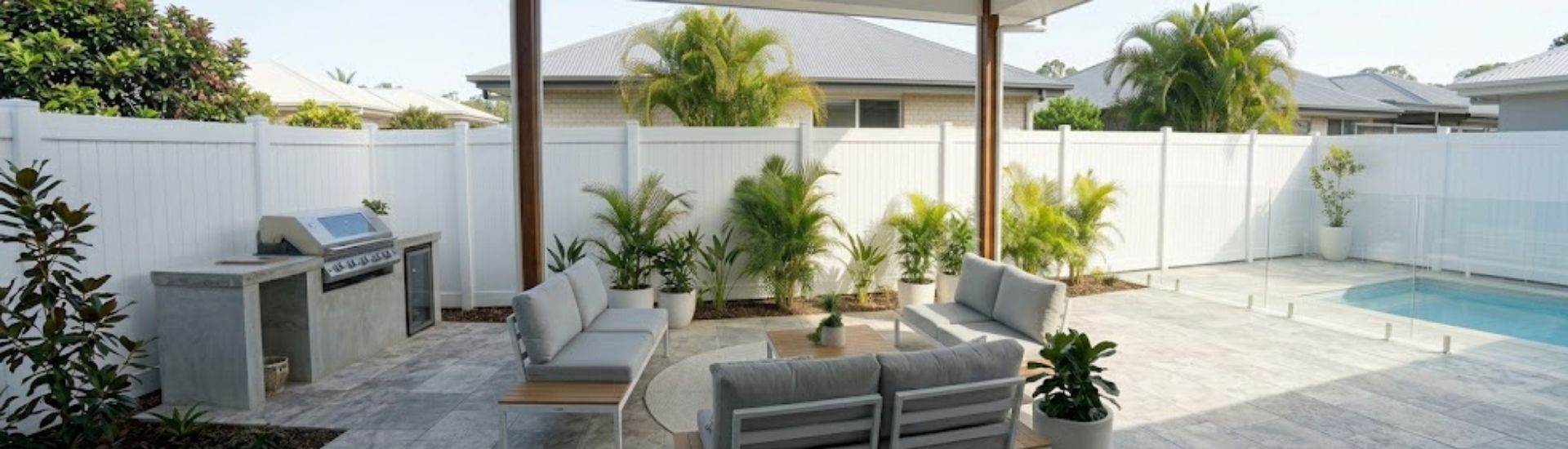 Crisp Hamptons white PVC privacy fencing panels installed as a premium, low-maintenance solid 1.8m high boundary fence for complete backyard and home privacy.
