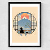 Coffee Cat in Mt Fuji Medium Black Frame
