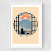 Coffee Cat in Mt Fuji Medium White Frame