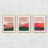 Green and Pink Abstract Triptych Narrow Oak Frame