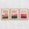 Green and Pink Abstract Triptych Wide Oak Frame