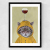 Raincoat Cat With Wineglass Medium Black Frame