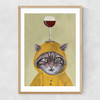 Raincoat Cat With Wineglass Narrow Oak Frame
