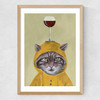 Raincoat Cat With Wineglass Medium Oak Frame
