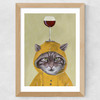 Raincoat Cat With Wineglass Wide Oak Frame