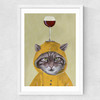 Raincoat Cat With Wineglass Medium White Frame