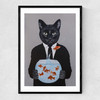 Cat With Fishbowl Narrow Black Frame