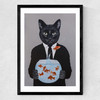 Cat With Fishbowl Medium Black Frame