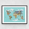 World Map of Animals Narrow Black Frame