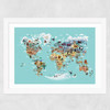 World Map of Animals Wide White Frame