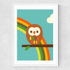 Dicky Bird - Owl and Rainbow Medium White Frame