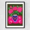 Bright Pink Floral Vase Narrow Black Frame