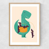 T-Rex and his Basketful of Wiener Dogs Narrow Oak Frame