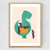 T-Rex and his Basketful of Wiener Dogs Medium Oak Frame