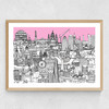 London Jungle Art Print (Pink) Medium Oak Frame