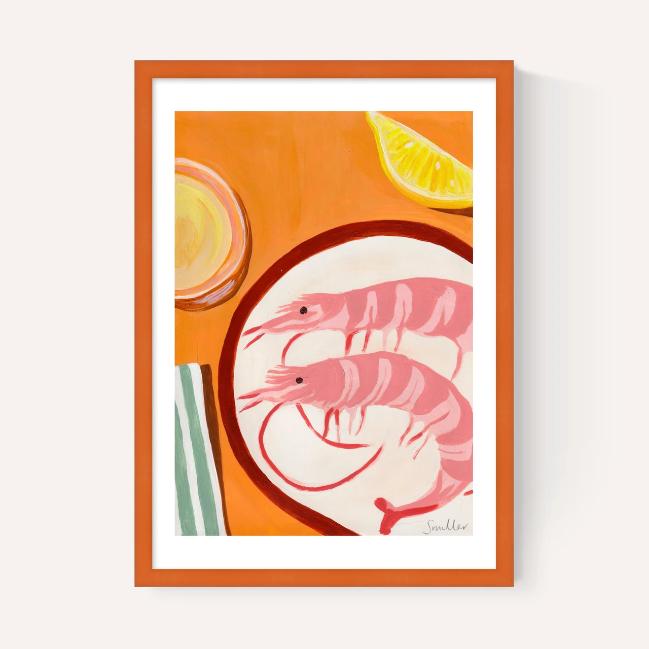 giant prawns and vinho verde art print by susie miller in orange frame