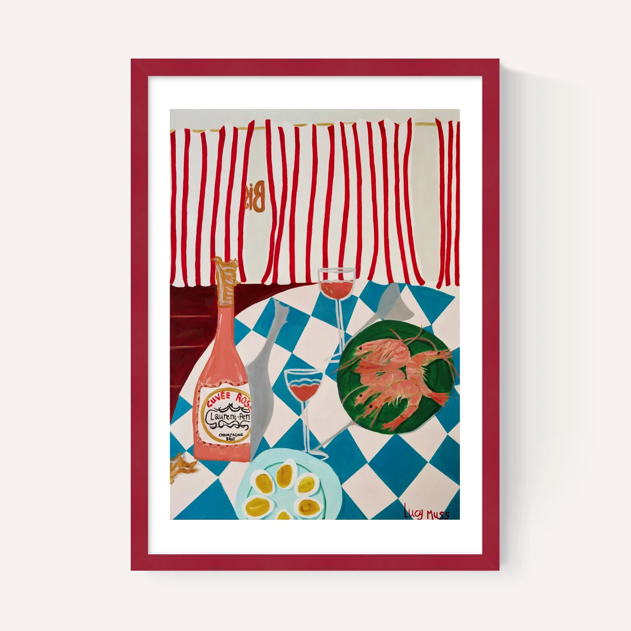 shrimps and champagne art print by lucy muss in white frame