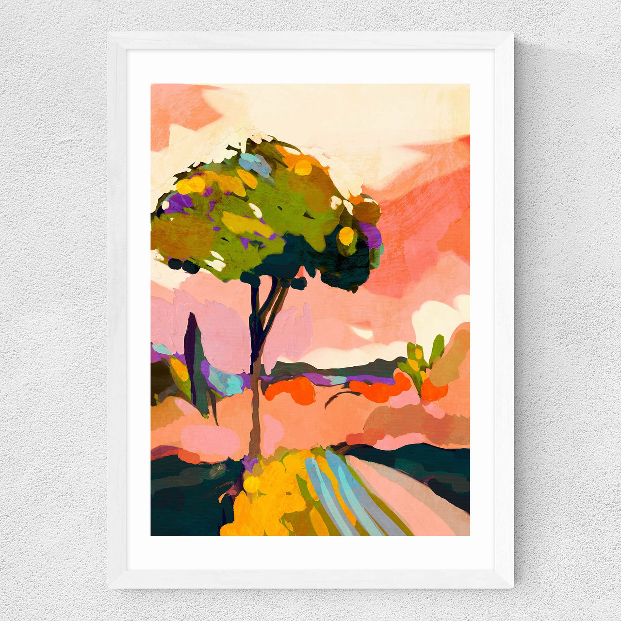 sundown with tree art print by ana rut bre in white frame
