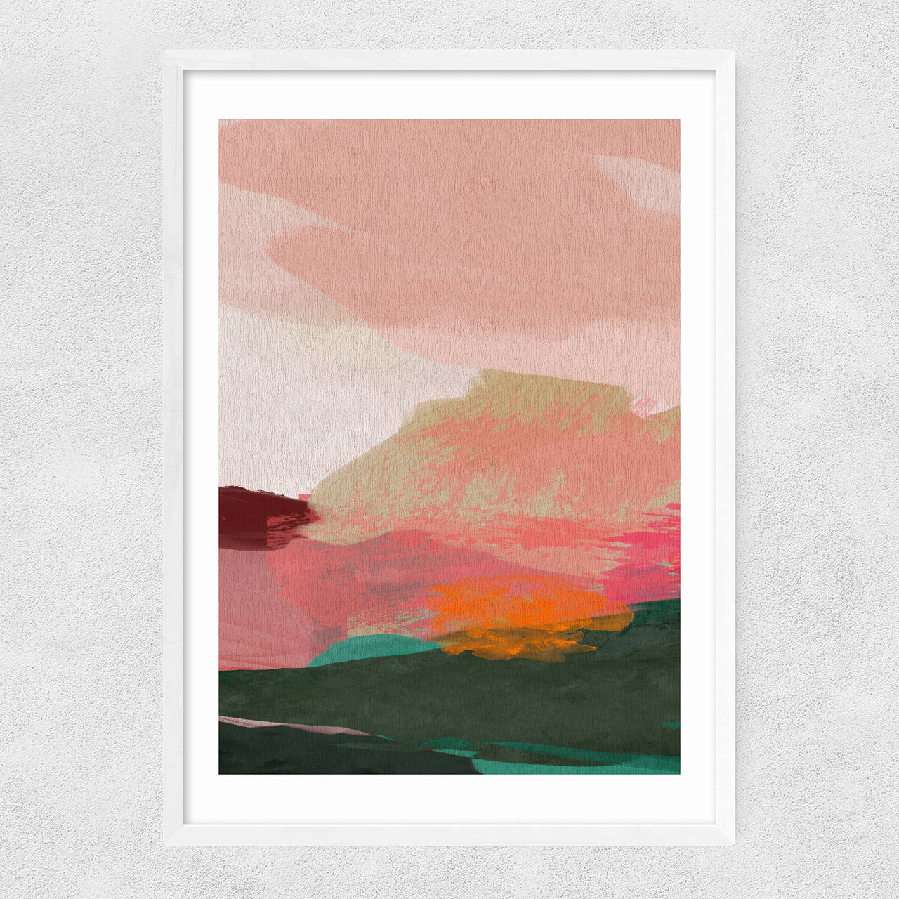 green and pink abstract art print by ana rut bre in white frame