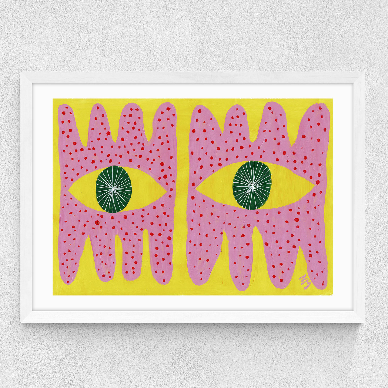 pink eyes art print by nancy mckie in white frame
