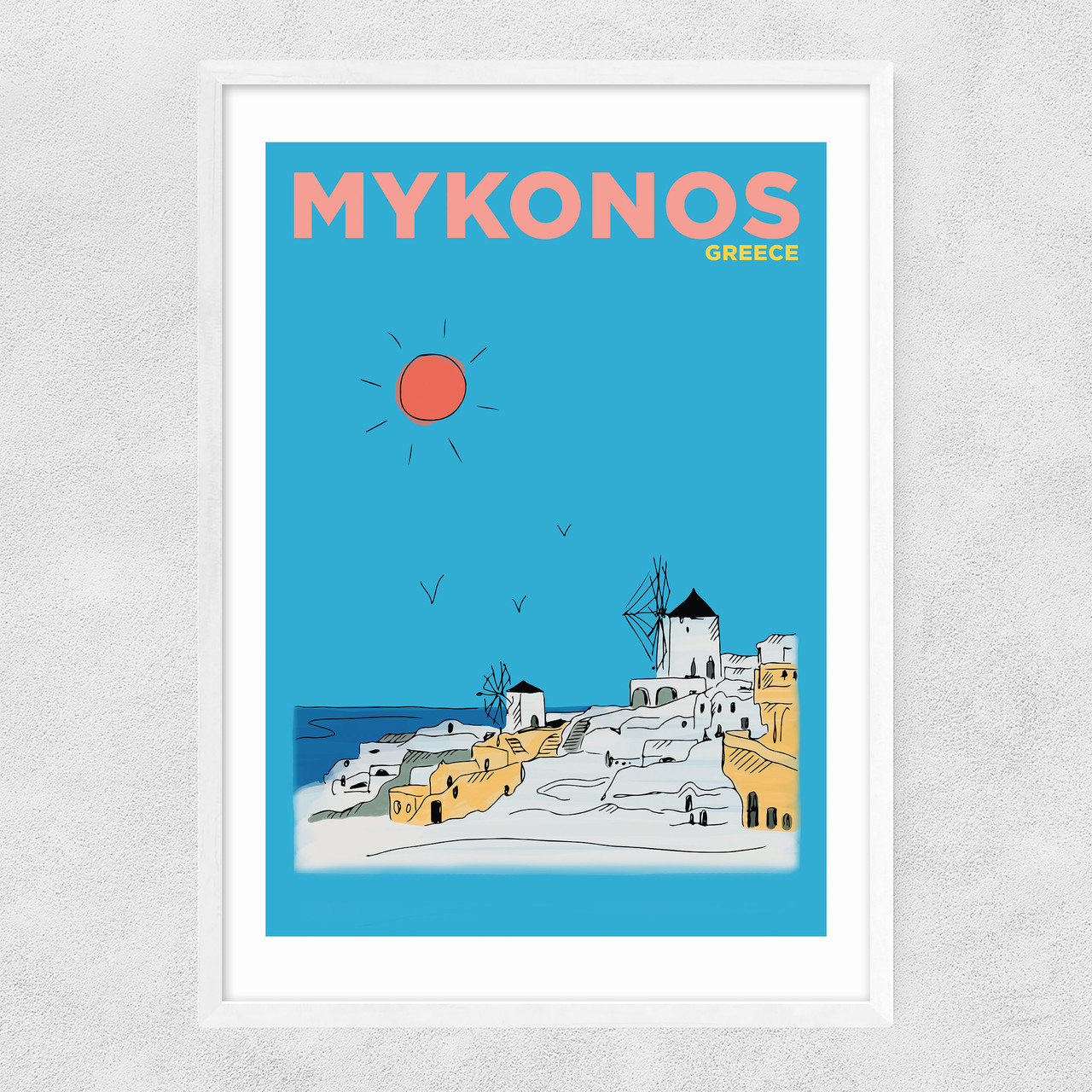 mykonos art print by places and spaces art co in white frame