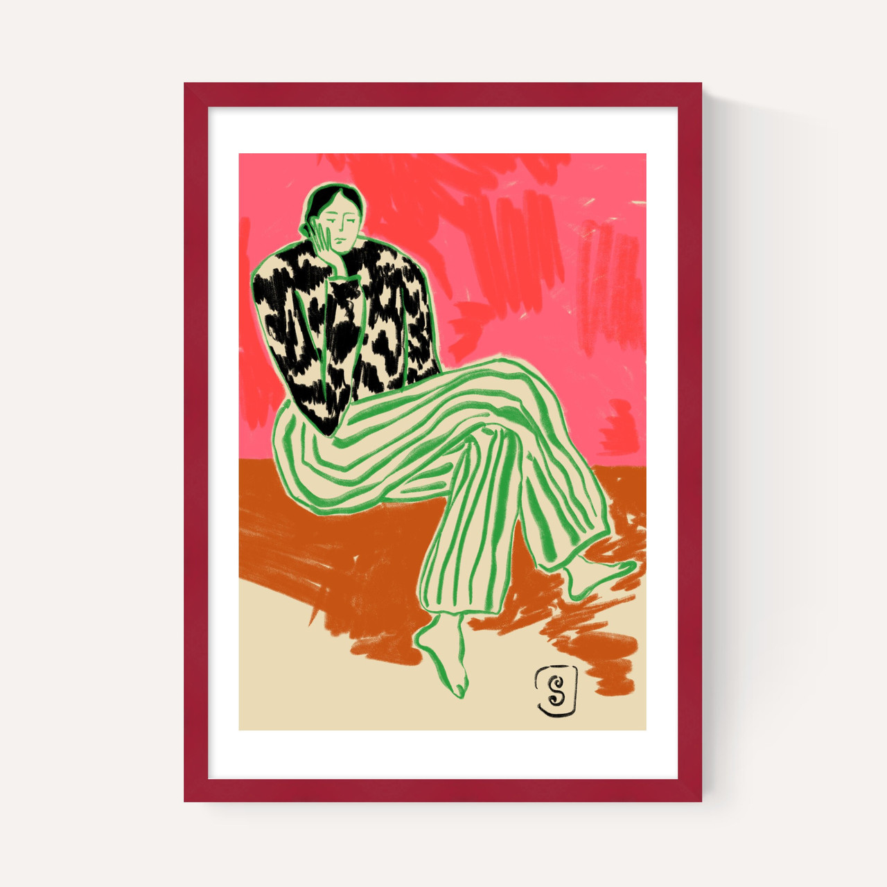 calm woman art print by sandra poliakov in burgundy frame