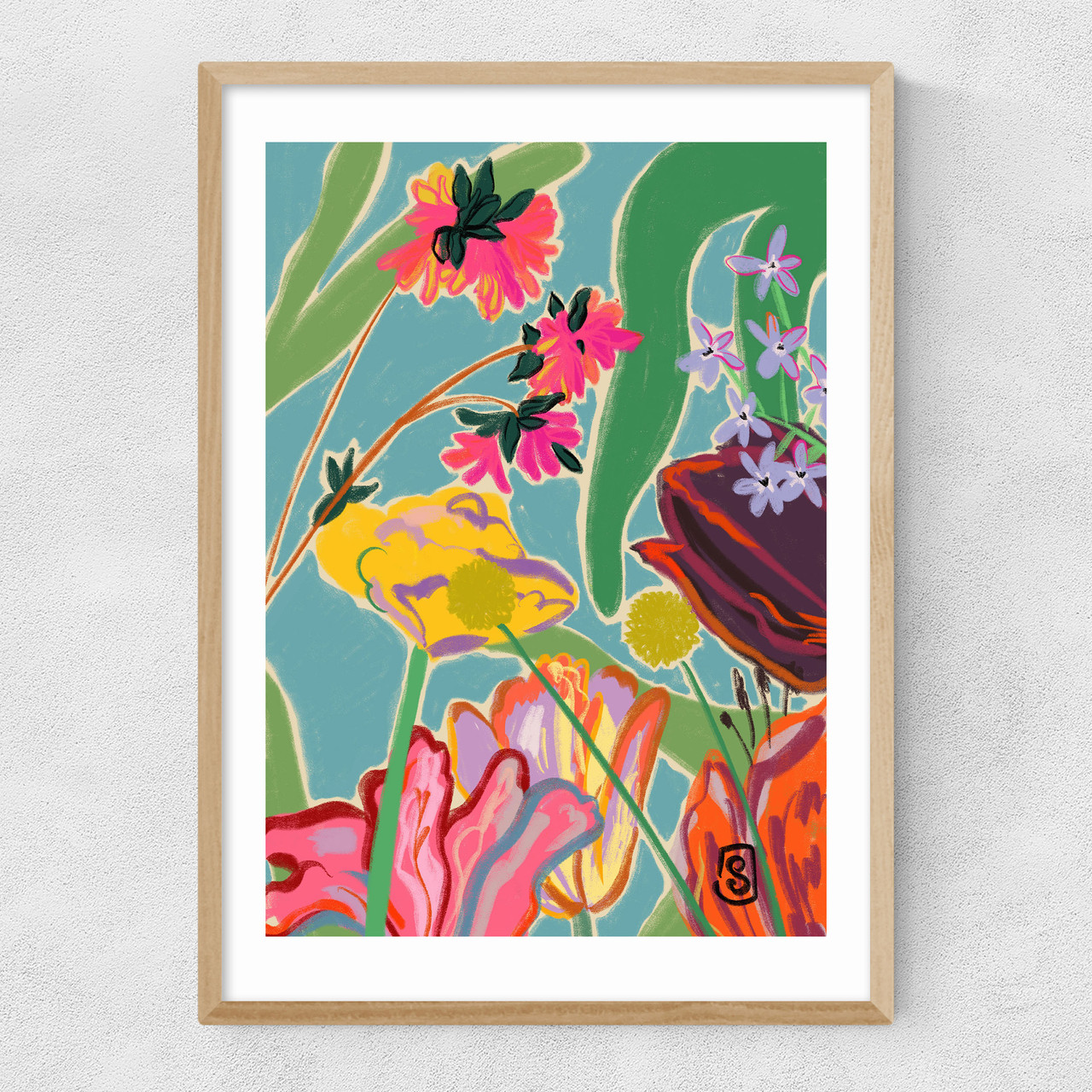 colourful flowers meditation art print by sandra poliakov in narrow oak frame