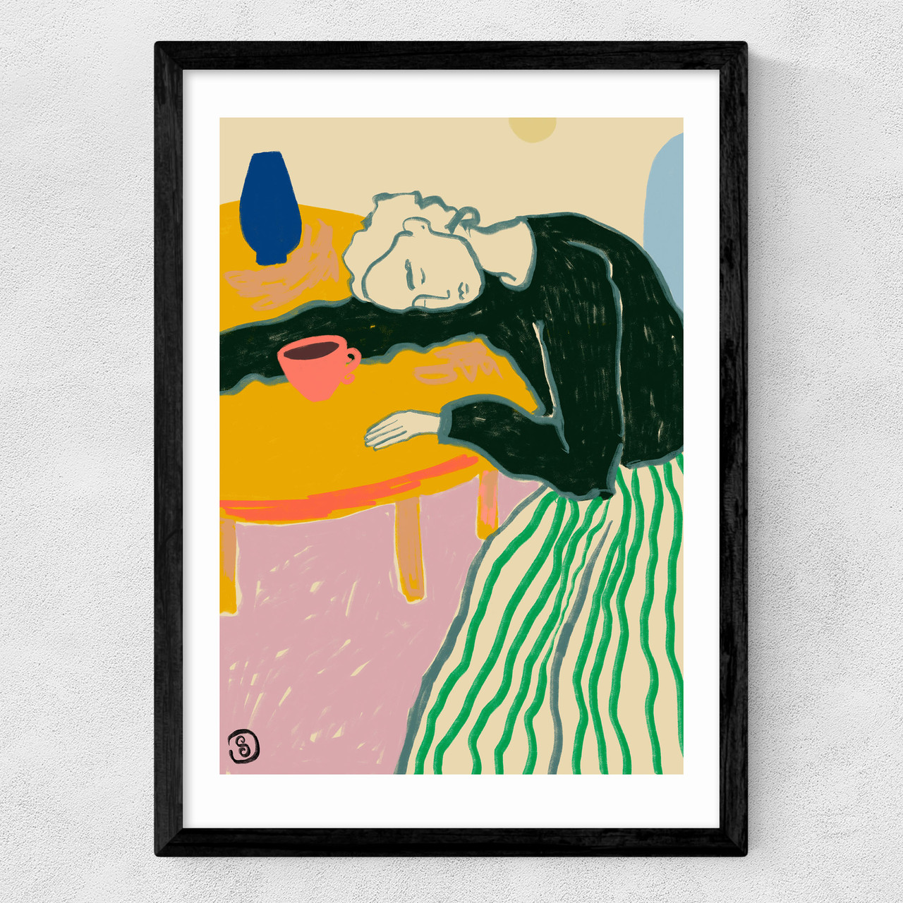 motherhood table art print by sandra poliakov in narrow black frame