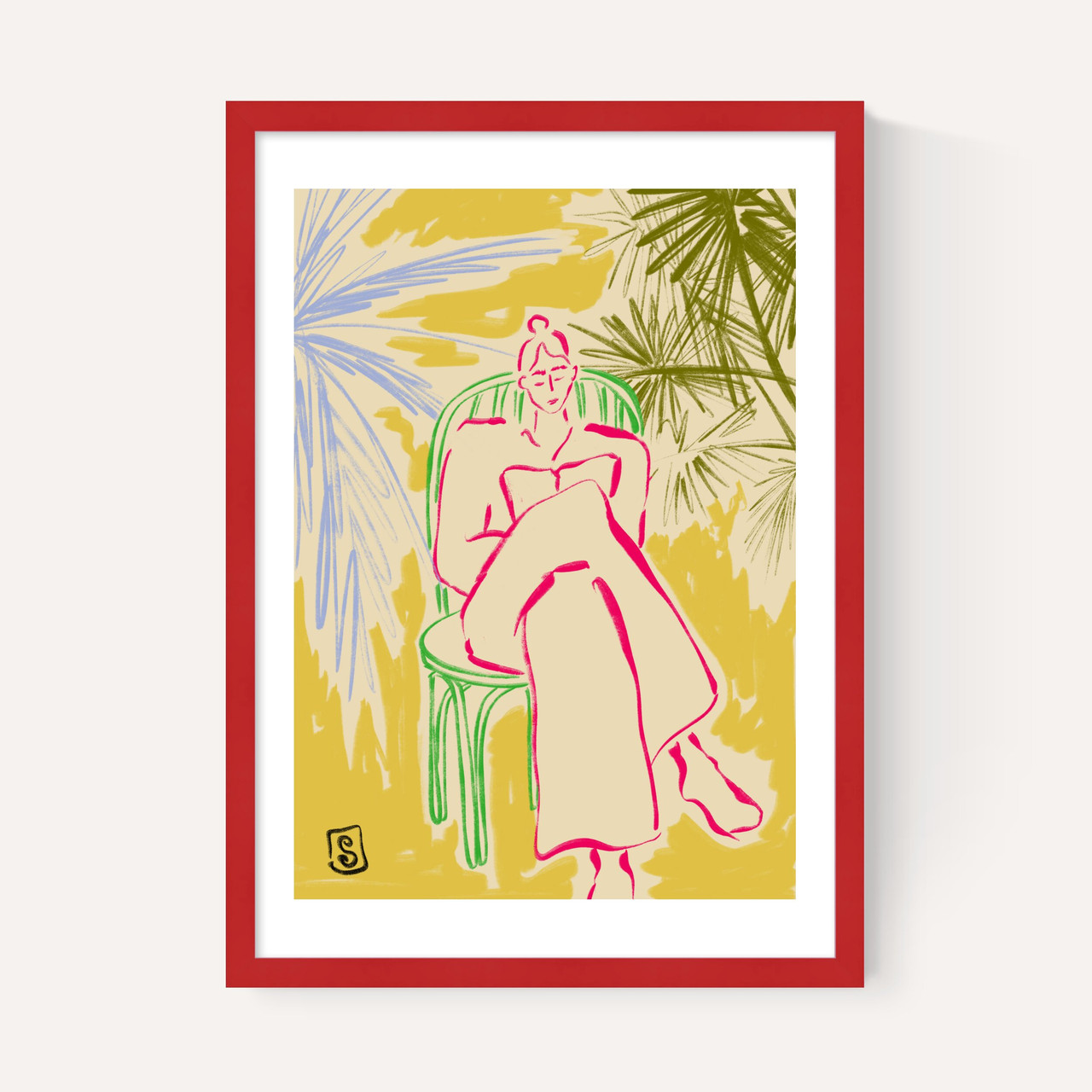 reading among palm trees art print by sandra poliakov in red frame